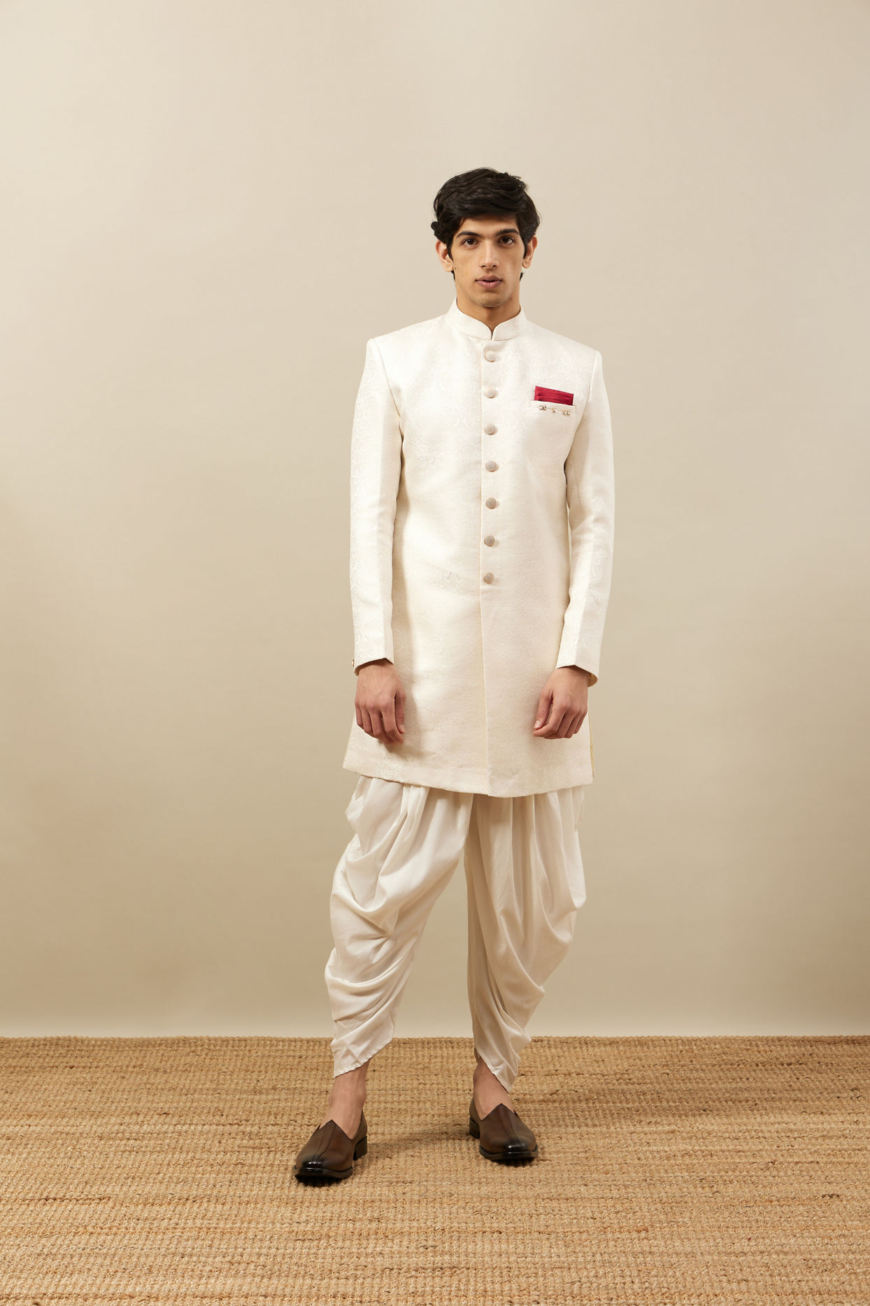 Manyavar Men Rich Cream Medallion Patterned Indo Western Set