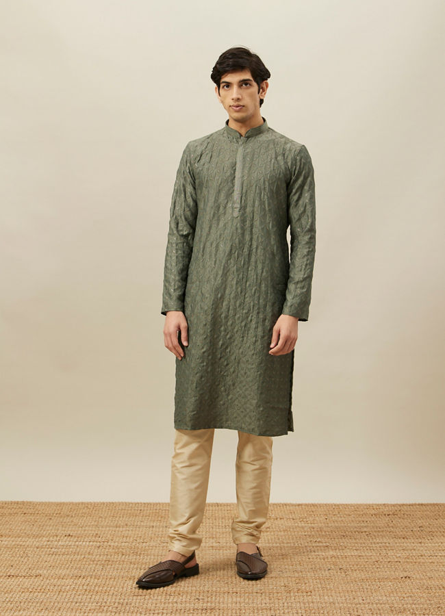 alt message - Manyavar Men Sage Green Diamond Patterned Kurta Set image number 2