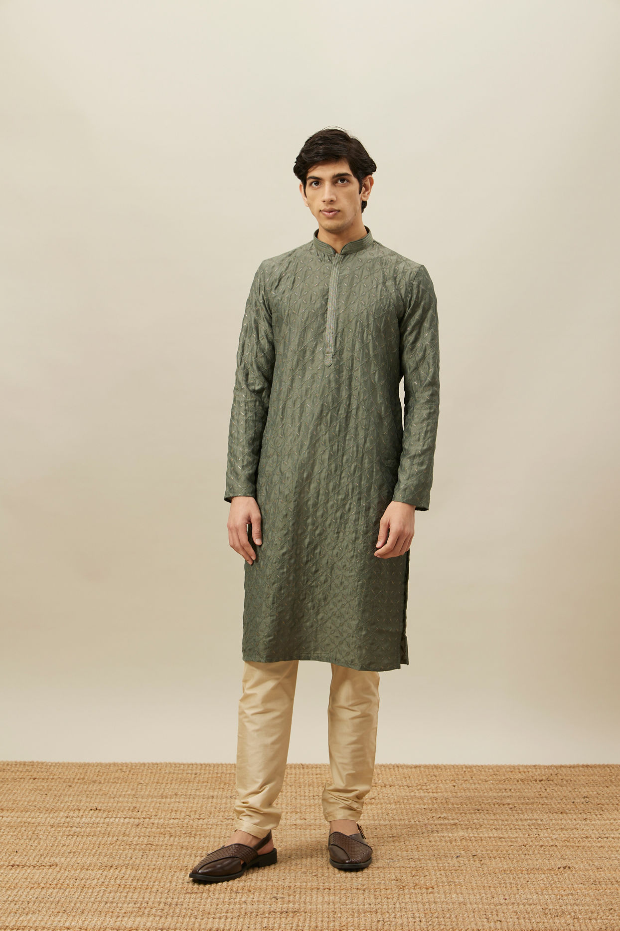 Manyavar Men Sage Green Diamond Patterned Kurta Set