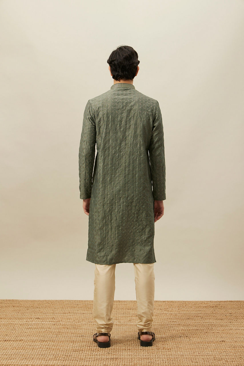 Manyavar Men Sage Green Diamond Patterned Kurta Set