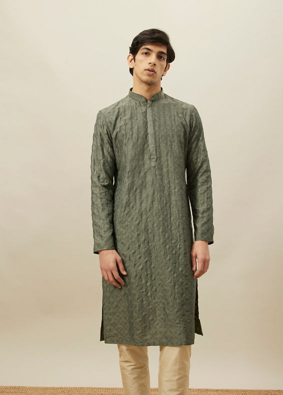 Manyavar Men Sage Green Diamond Patterned Kurta Set