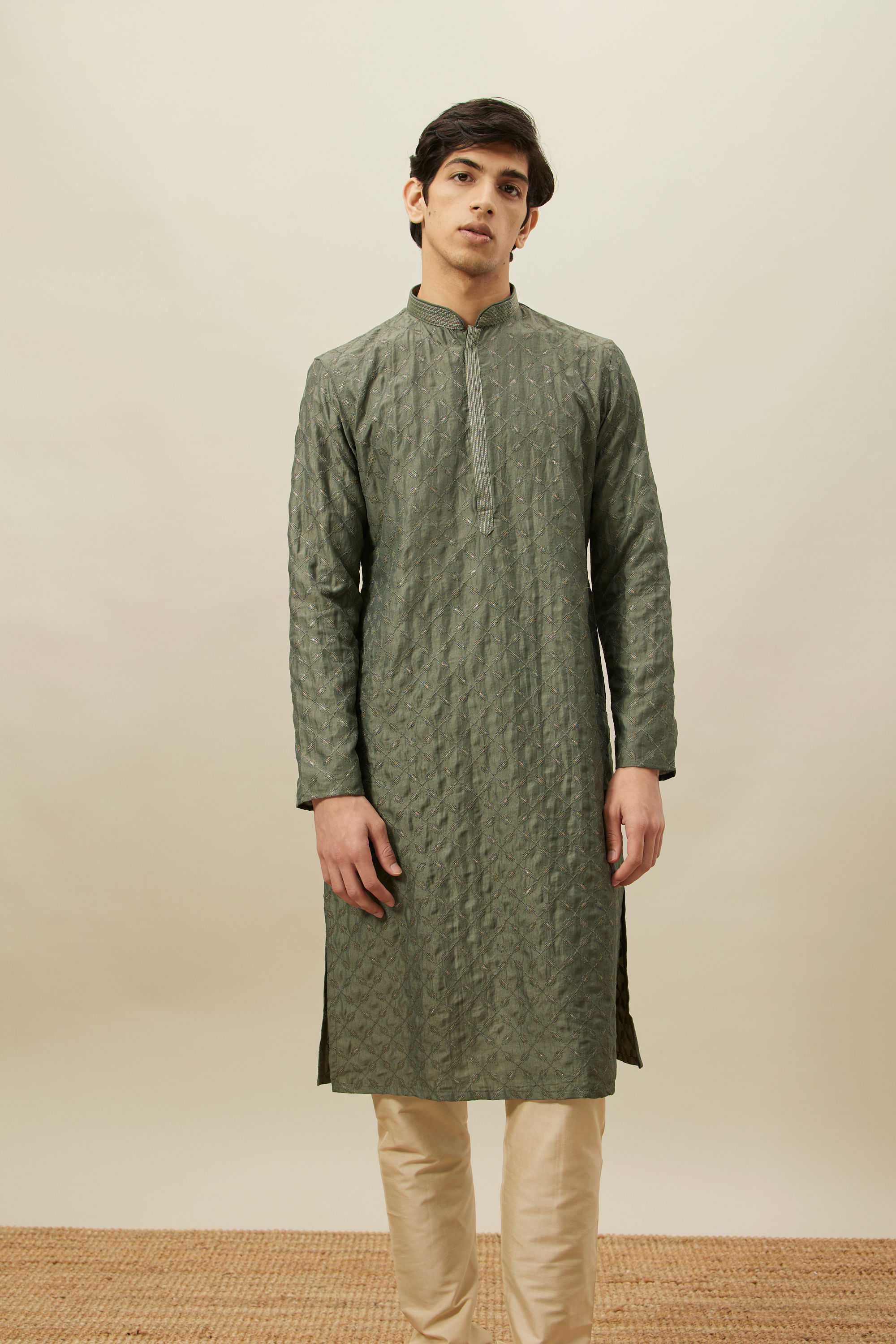 Manyavar Men Sage Green Diamond Patterned Kurta Set