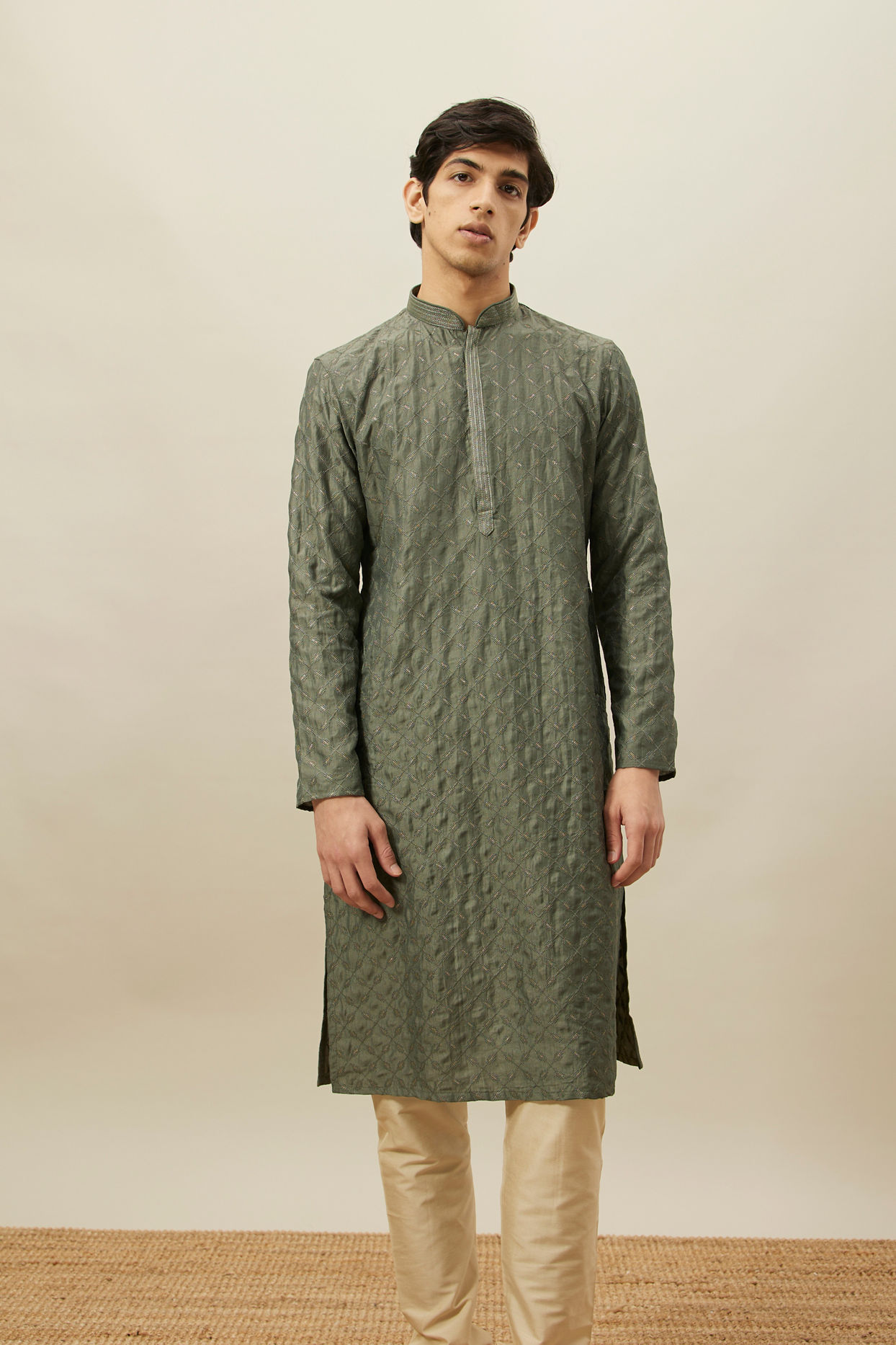 alt message - Manyavar Men Sage Green Diamond Patterned Kurta Set image number 0