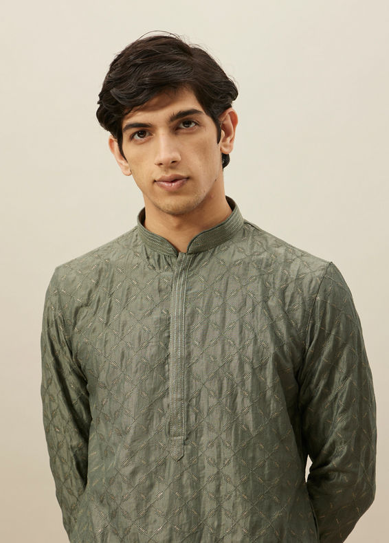 Manyavar Men Sage Green Diamond Patterned Kurta Set