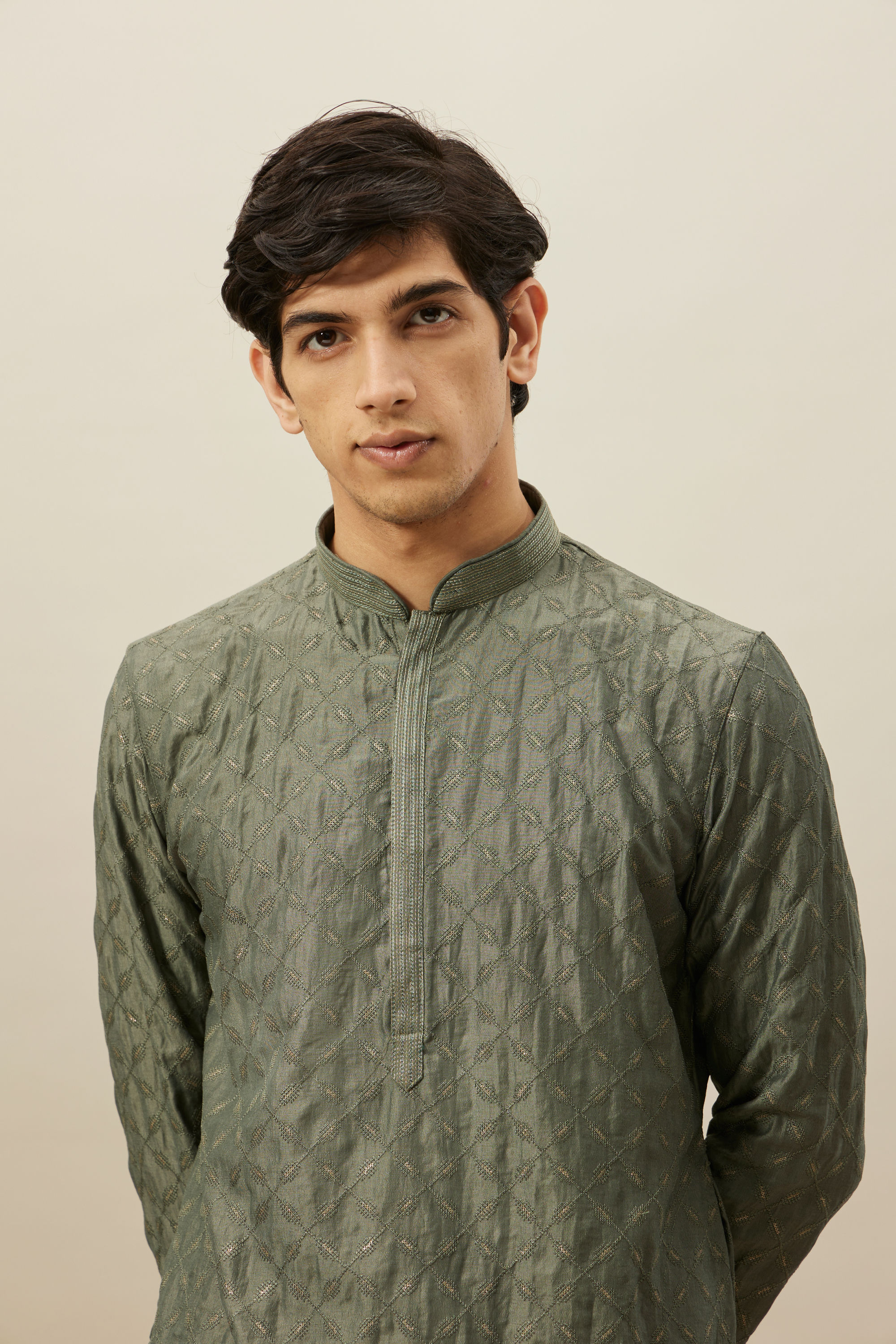 Manyavar Men Sage Green Diamond Patterned Kurta Set