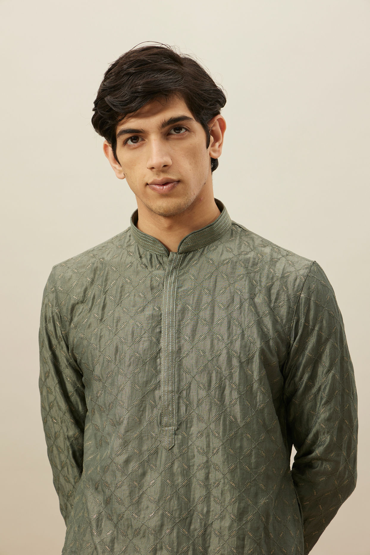 alt message - Manyavar Men Sage Green Diamond Patterned Kurta Set image number 1