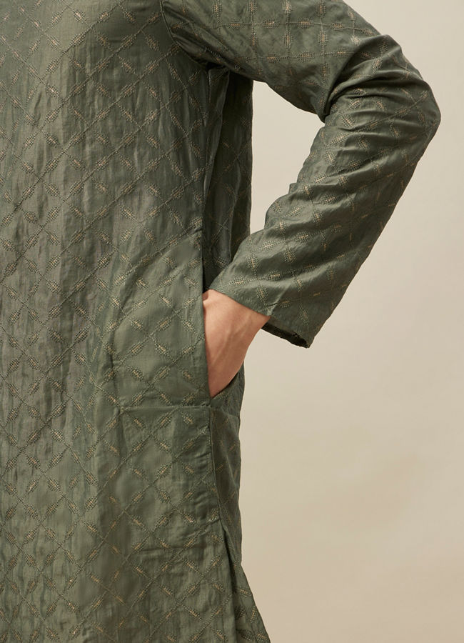 Manyavar Men Sage Green Diamond Patterned Kurta Set