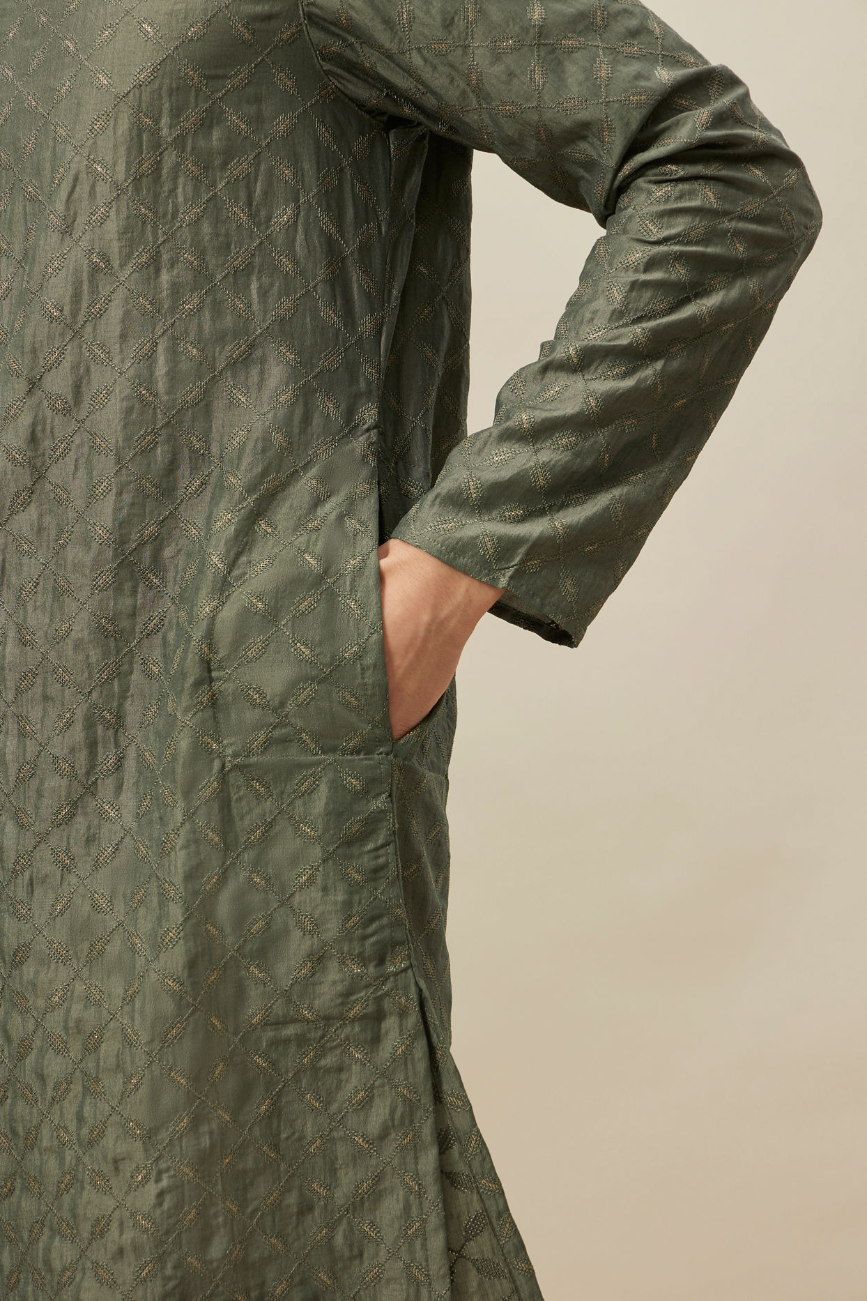 Manyavar Men Sage Green Diamond Patterned Kurta Set