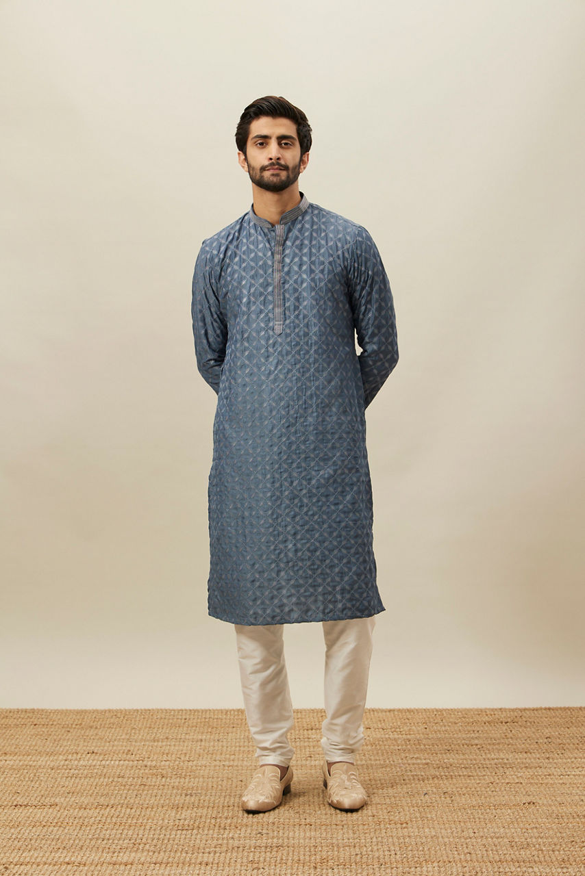 Manyavar Men Slate Blue Self Patterend Kurta Set