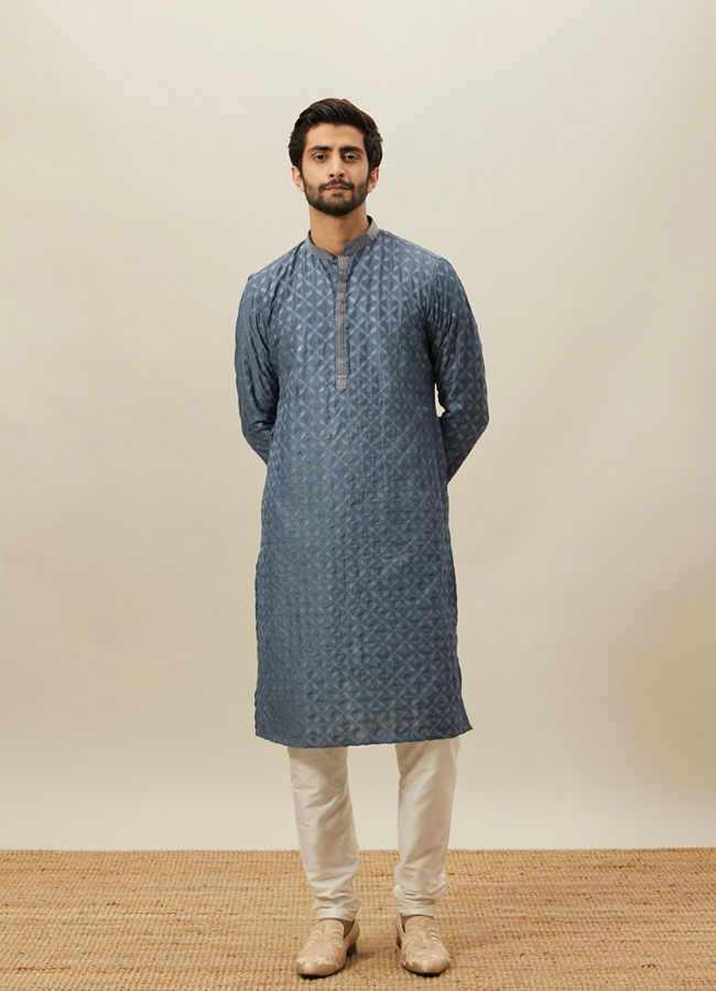 Manyavar Men Slate Blue Self Patterend Kurta Set