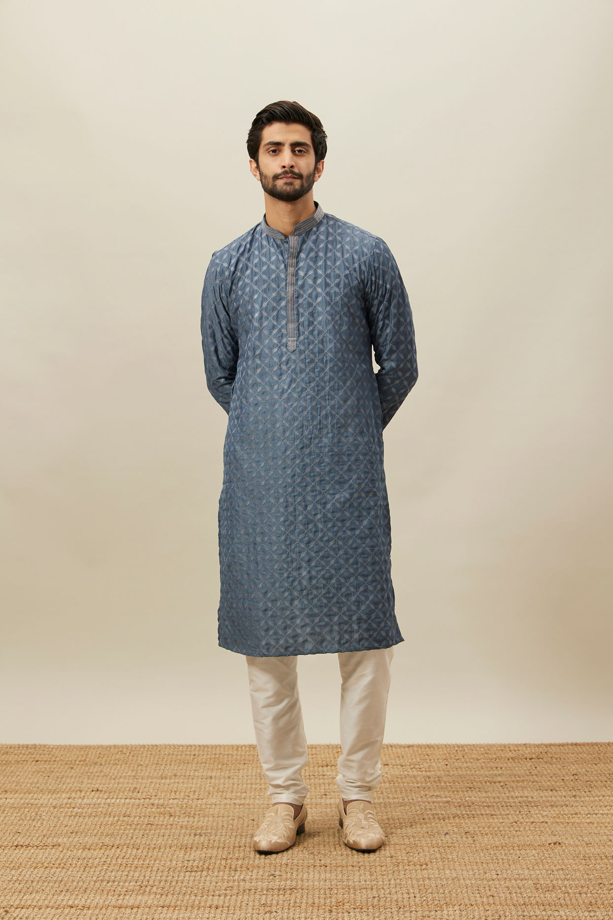 Manyavar Men Slate Blue Self Patterend Kurta Set