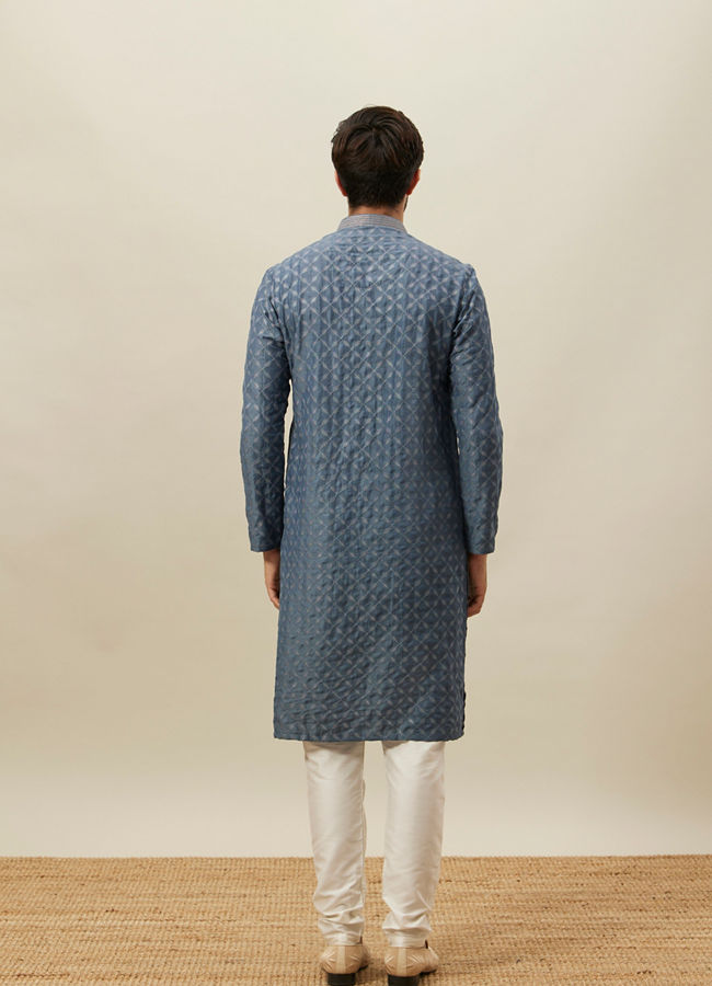 alt message - Manyavar Men Slate Blue Self Patterend Kurta Set image number 5