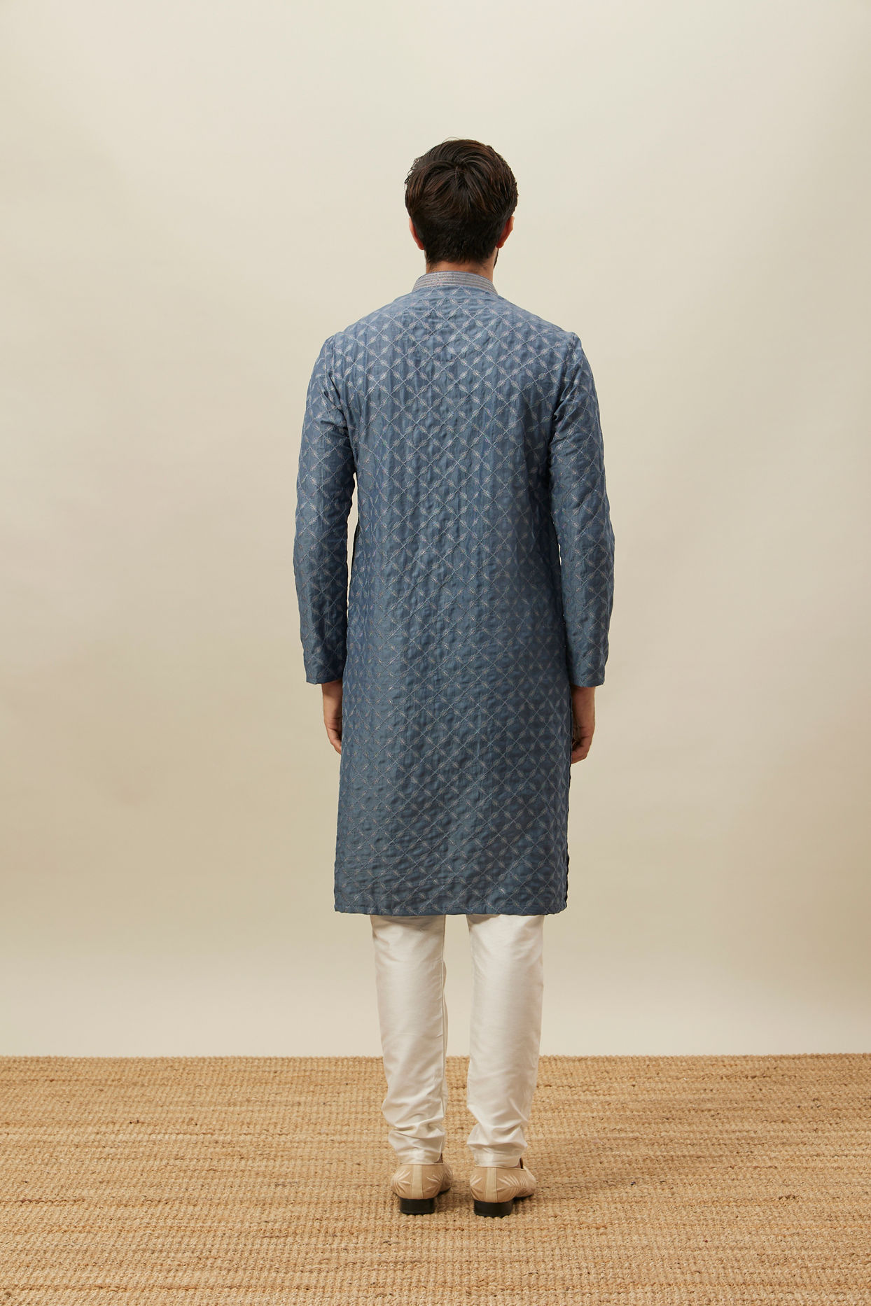 Manyavar Men Slate Blue Self Patterend Kurta Set