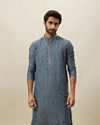 alt message - Manyavar Men Slate Blue Self Patterend Kurta Set image number 0