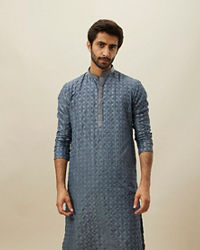 Manyavar Men Slate Blue Self Patterend Kurta Set