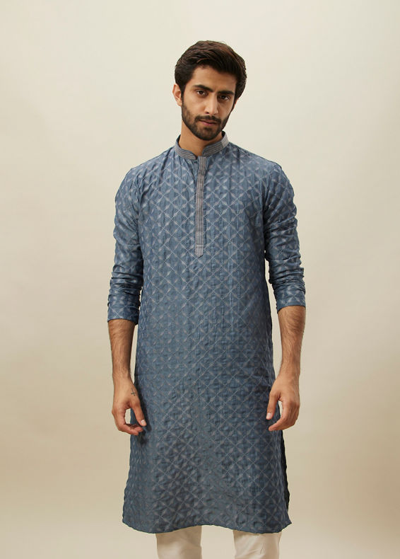 Manyavar Men Slate Blue Self Patterend Kurta Set