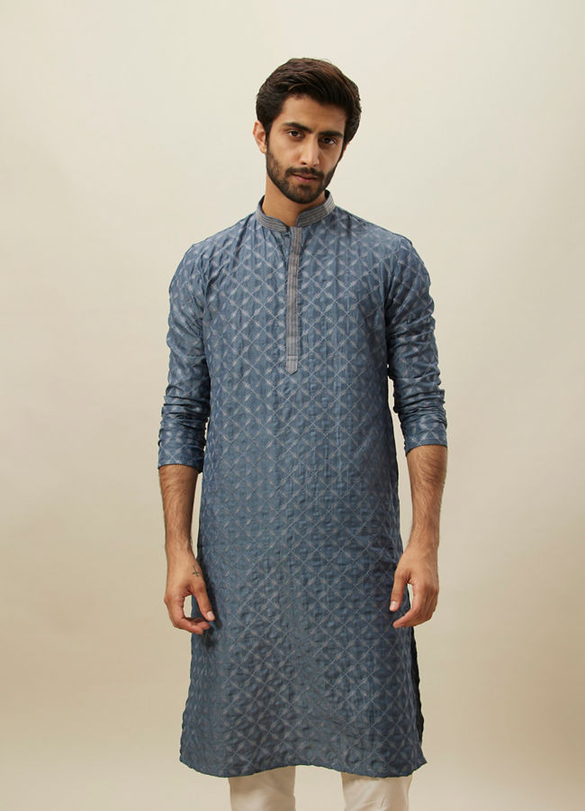 alt message - Manyavar Men Slate Blue Self Patterend Kurta Set image number 0