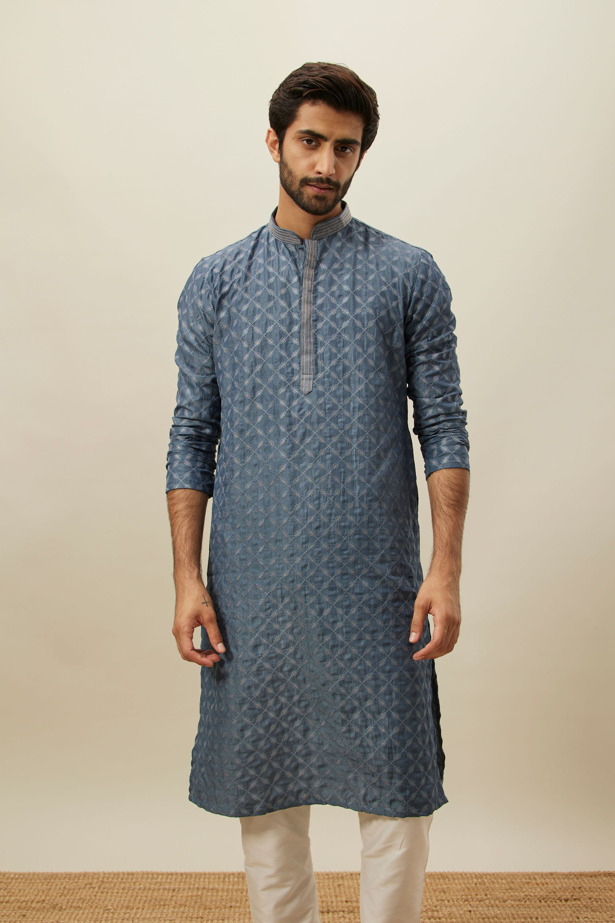 Manyavar Men Slate Blue Self Patterend Kurta Set