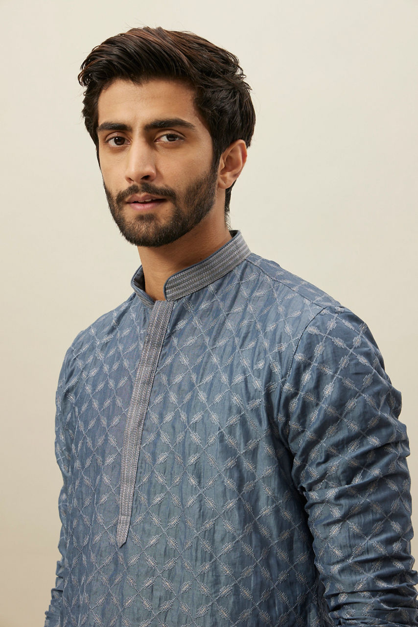 Manyavar Men Slate Blue Self Patterend Kurta Set
