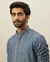 alt message - Manyavar Men Slate Blue Self Patterend Kurta Set image number 1