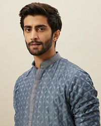 Manyavar Men Slate Blue Self Patterend Kurta Set