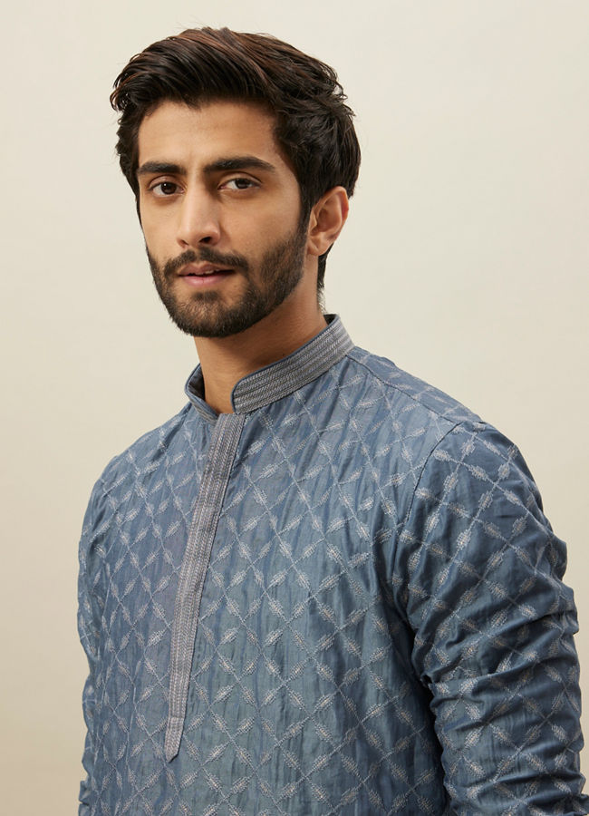 alt message - Manyavar Men Slate Blue Self Patterend Kurta Set image number 1