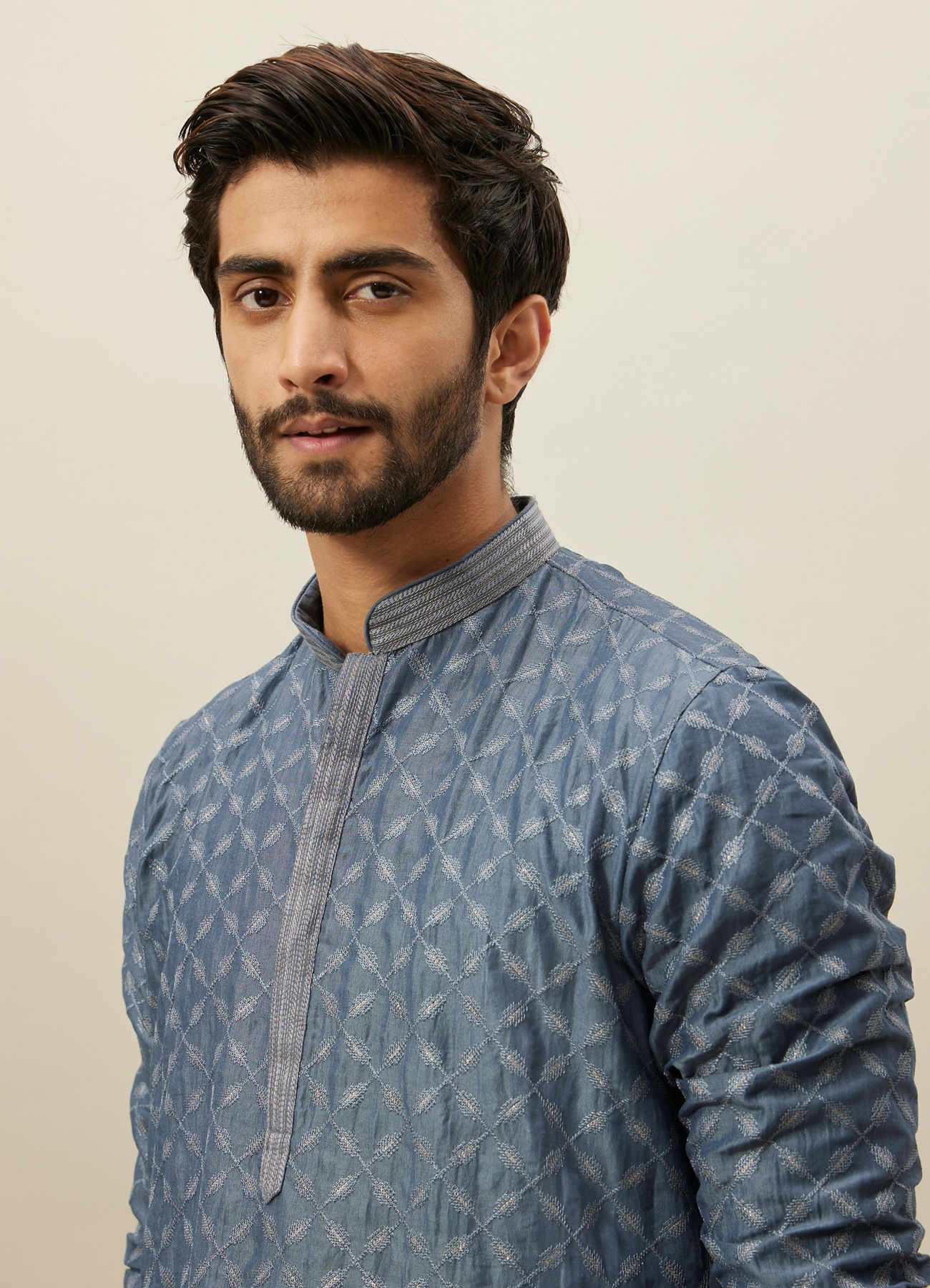 Manyavar Men Slate Blue Self Patterend Kurta Set