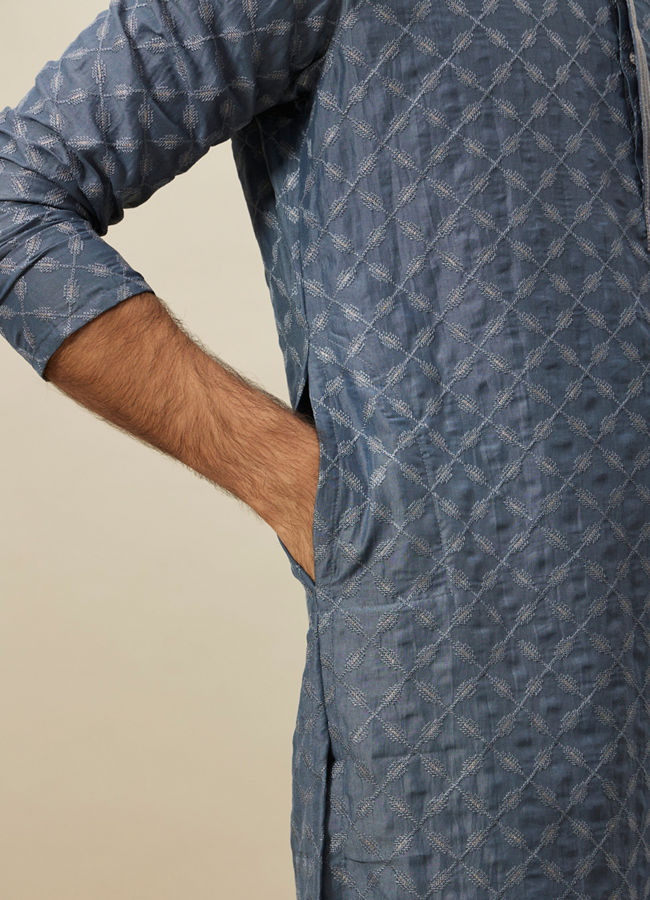 Buy Slate Blue Self Patterend Kurta Set Online in India @Manyavar ...