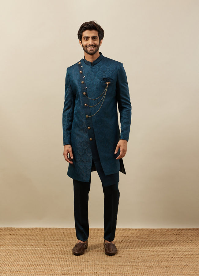 Manyavar Men Peacock Blue Achkan Style Indo Western Set