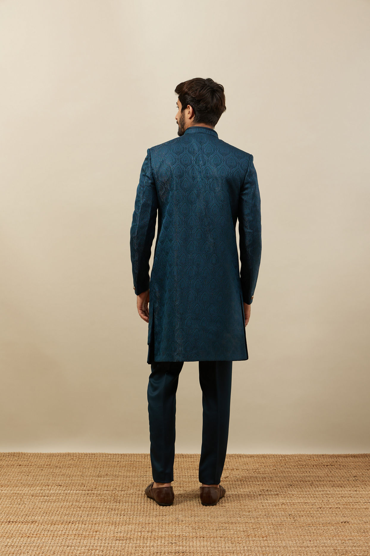 Manyavar Men Peacock Blue Achkan Style Indo Western Set
