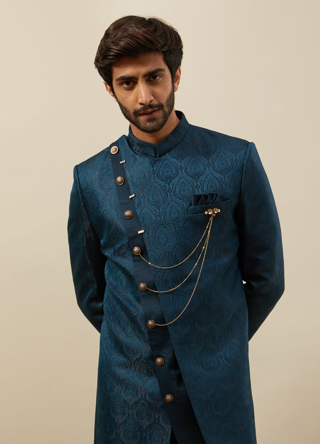 Manyavar Men Peacock Blue Achkan Style Indo Western Set