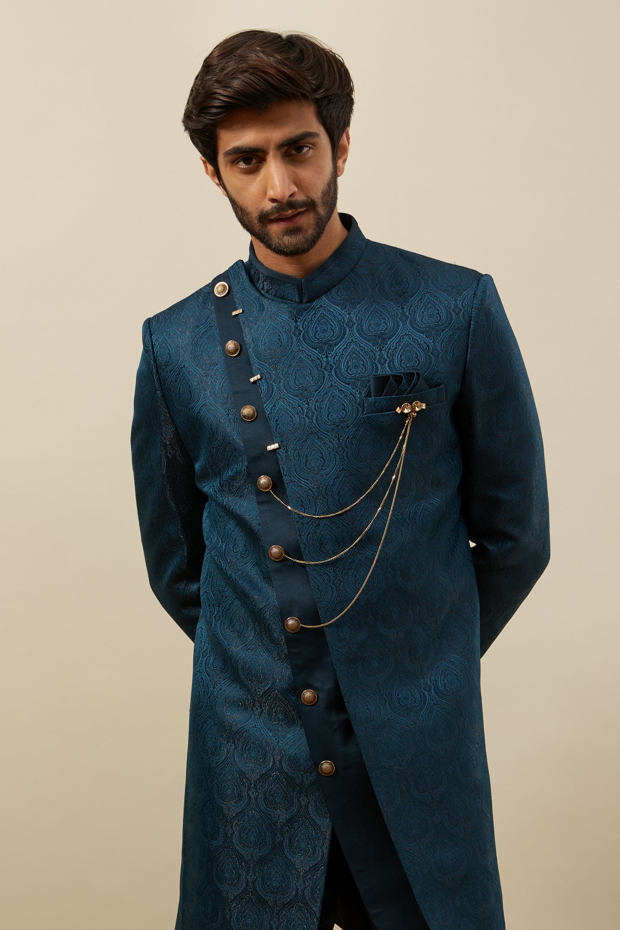 Manyavar Men Peacock Blue Achkan Style Indo Western Set