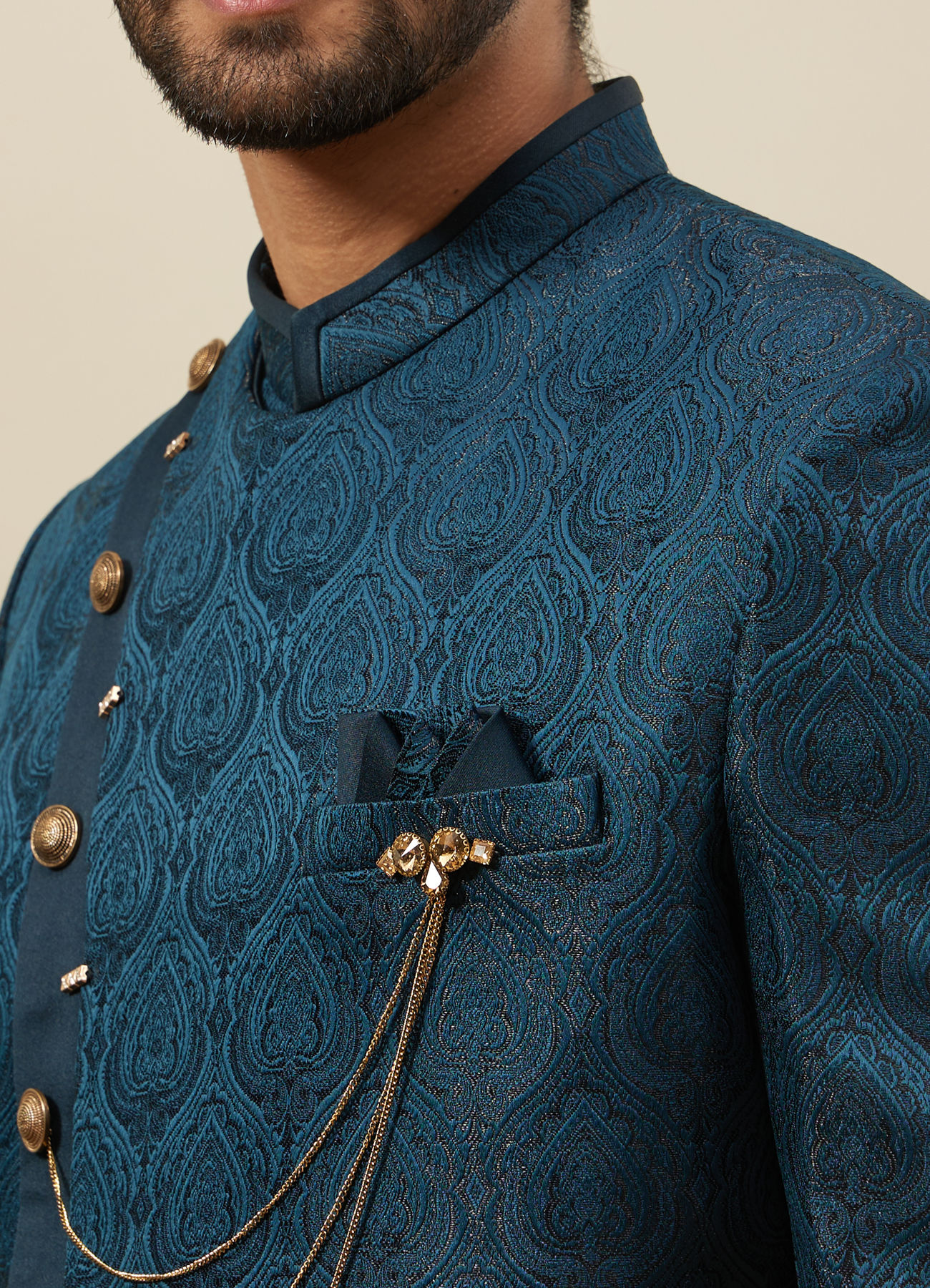 Manyavar Men Peacock Blue Achkan Style Indo Western Set