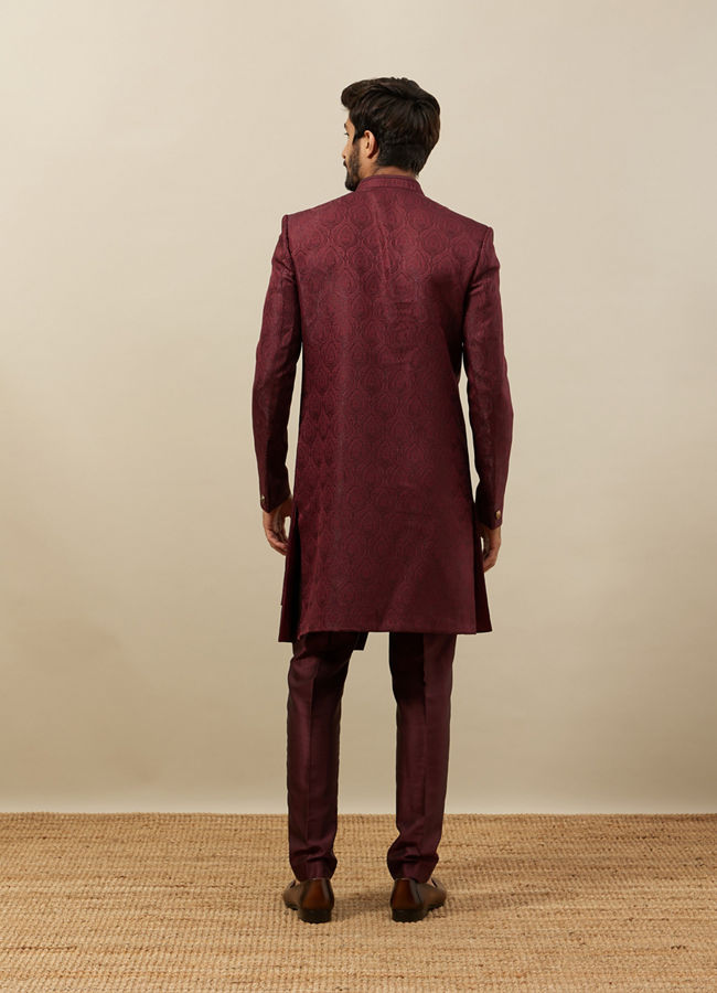 Manyavar Men Cabernet Red Achkan Style Indo Western Set