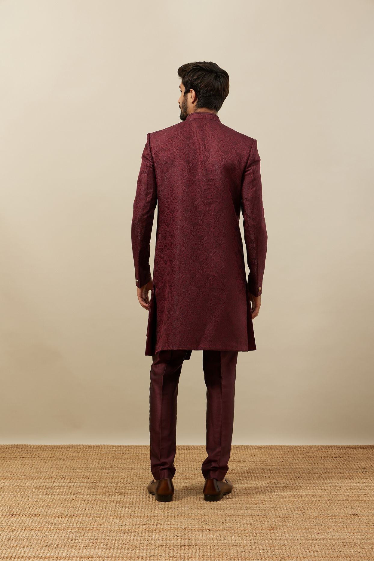 Manyavar Men Cabernet Red Achkan Style Indo Western Set