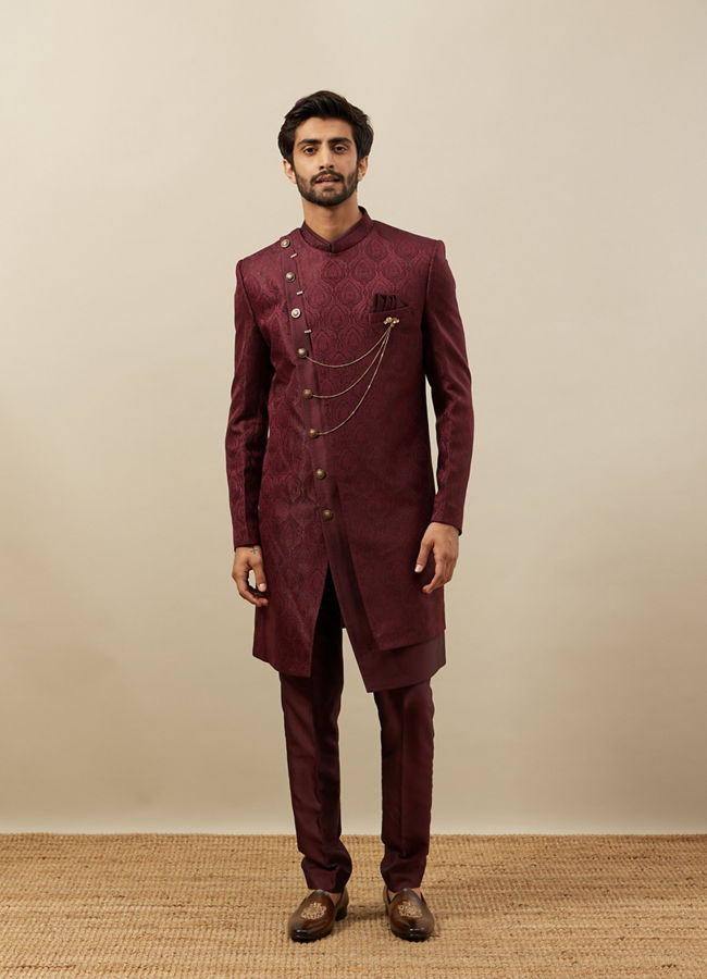 Manyavar Men Cabernet Red Achkan Style Indo Western Set