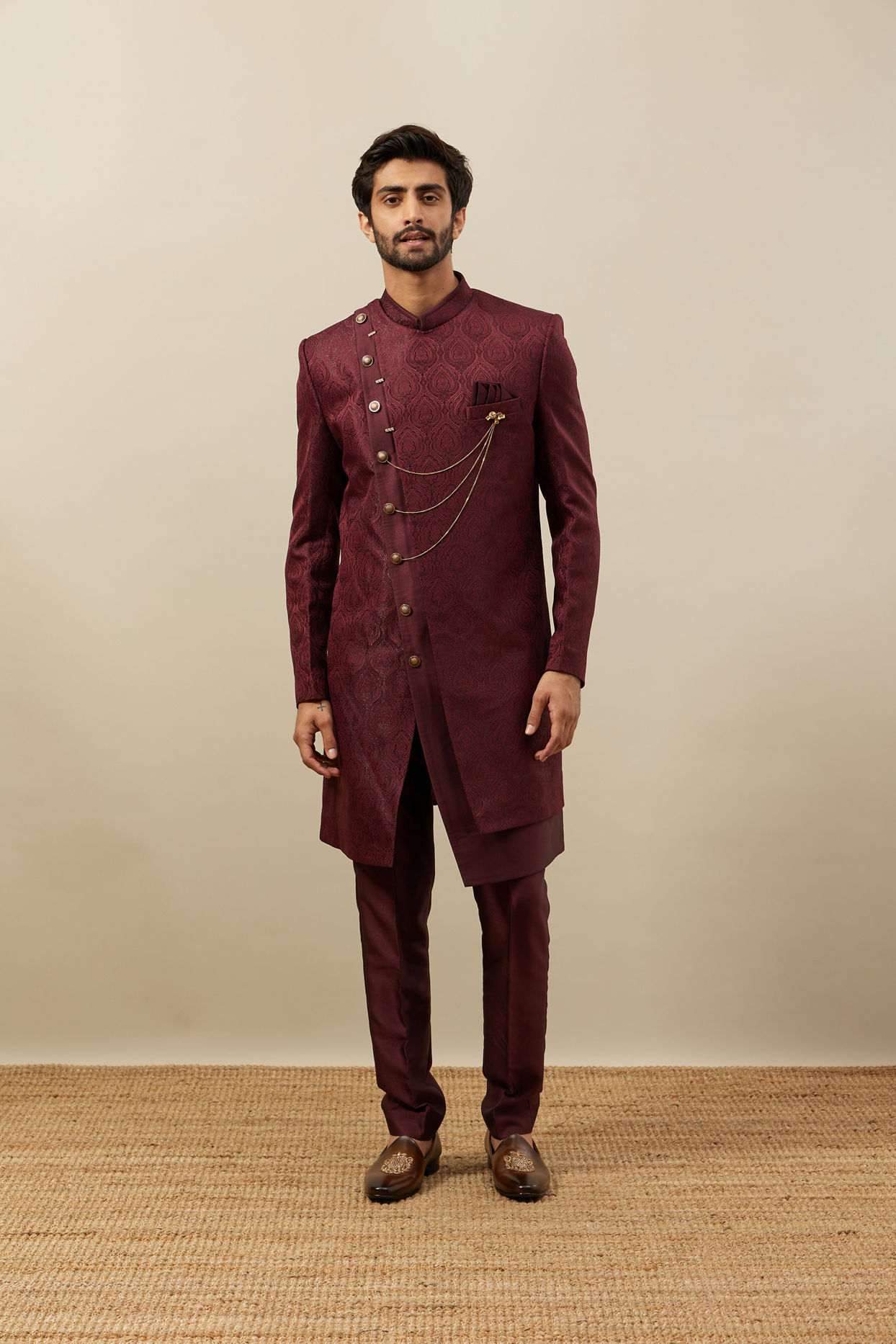 Manyavar Men Cabernet Red Achkan Style Indo Western Set