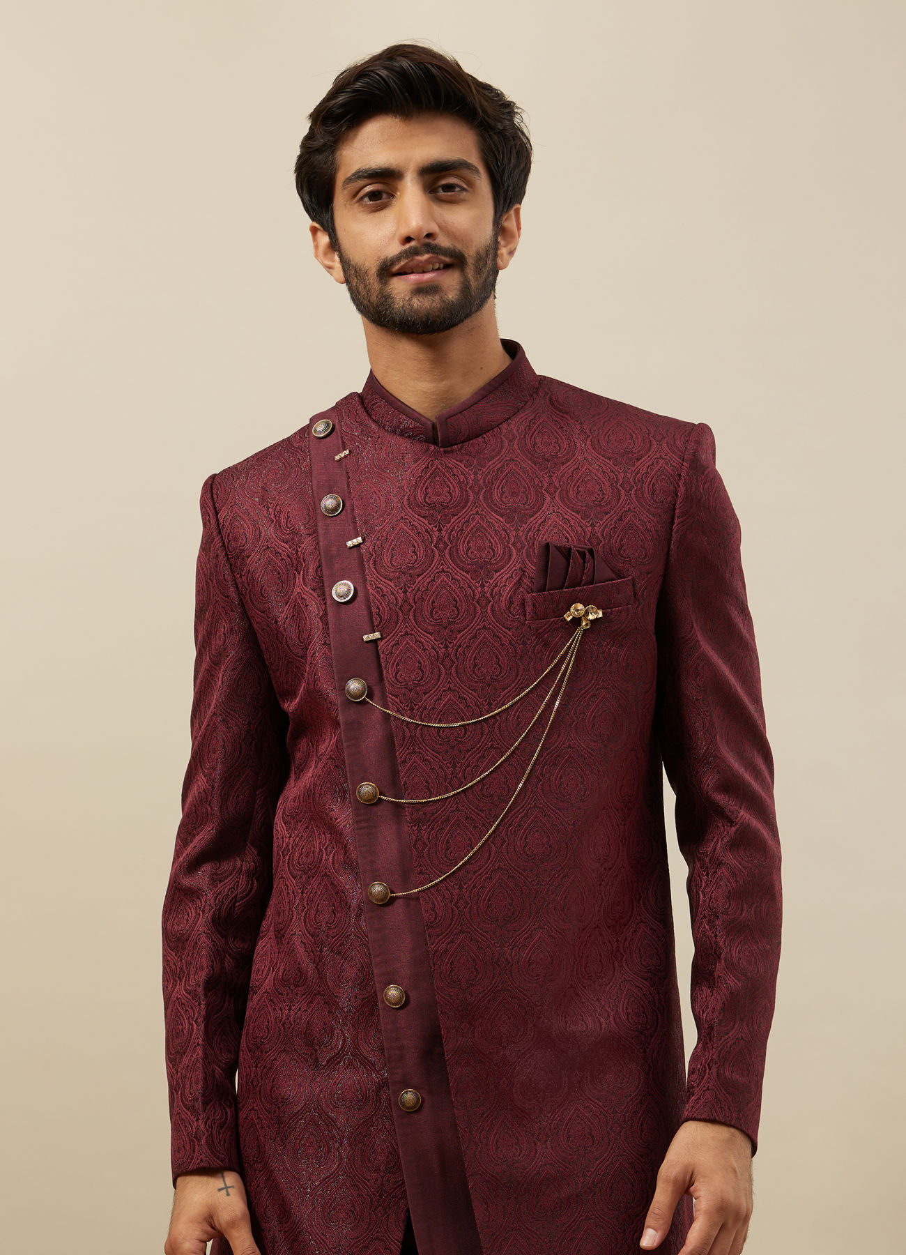 Manyavar Men Cabernet Red Achkan Style Indo Western Set