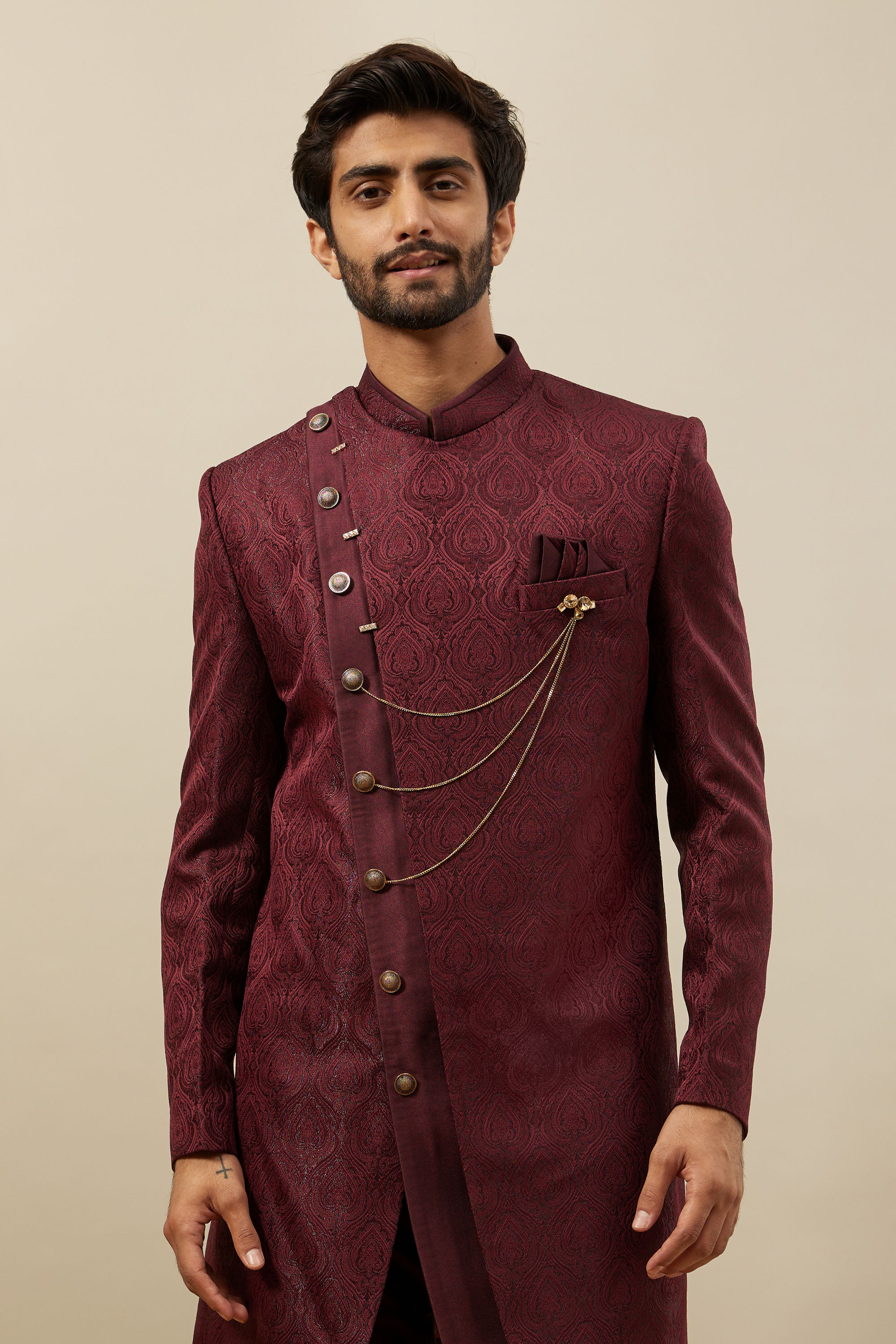 Manyavar Men Cabernet Red Achkan Style Indo Western Set
