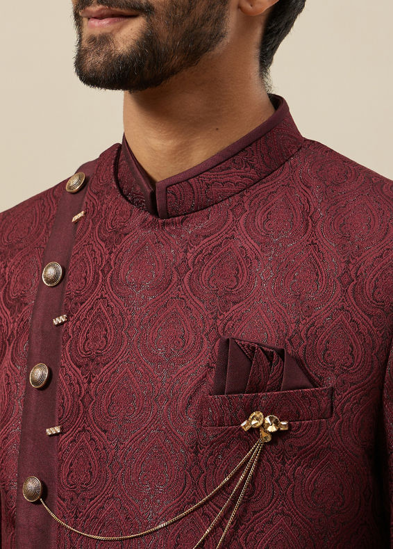 Manyavar Men Cabernet Red Achkan Style Indo Western Set