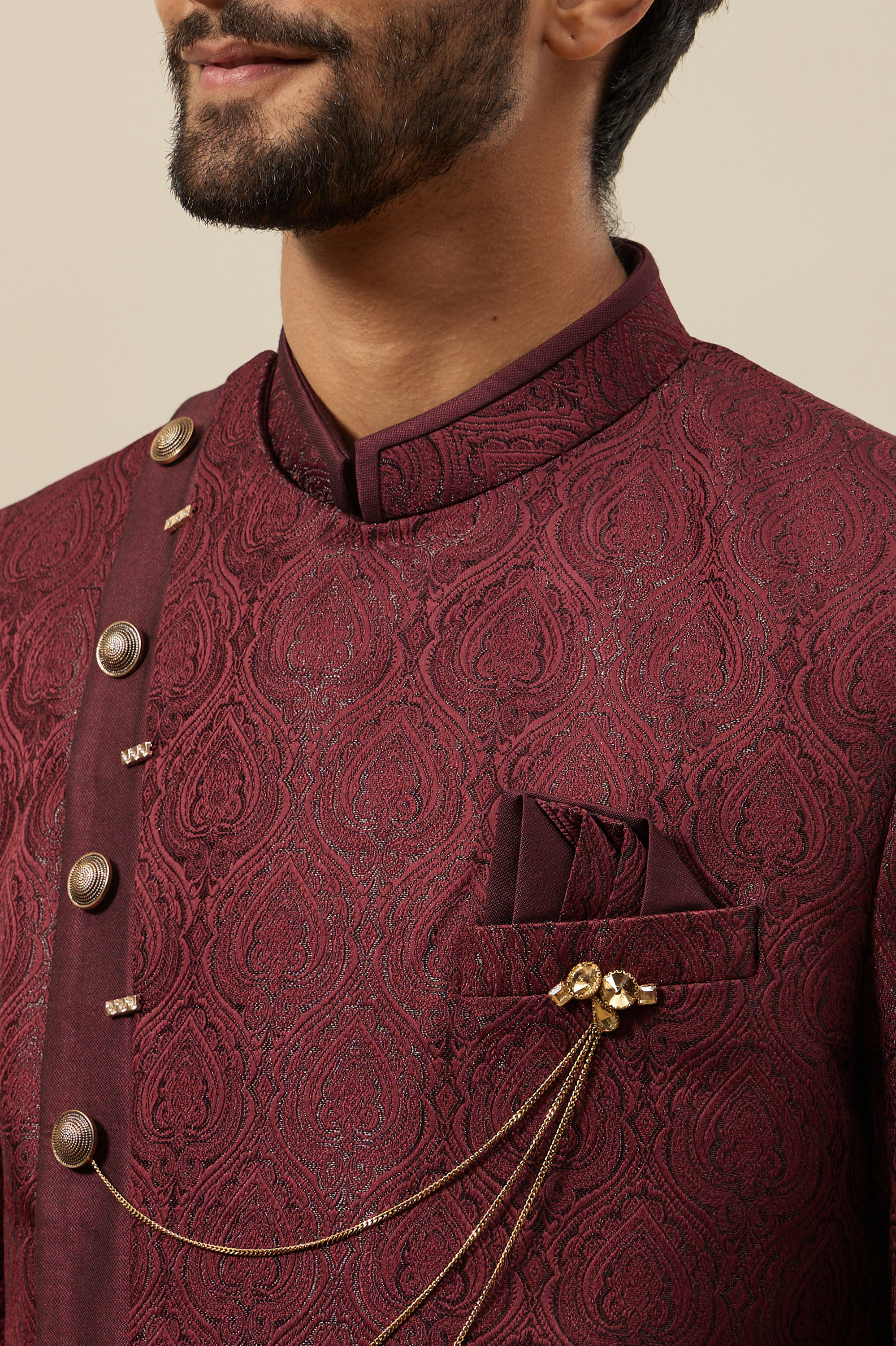 Manyavar Men Cabernet Red Achkan Style Indo Western Set
