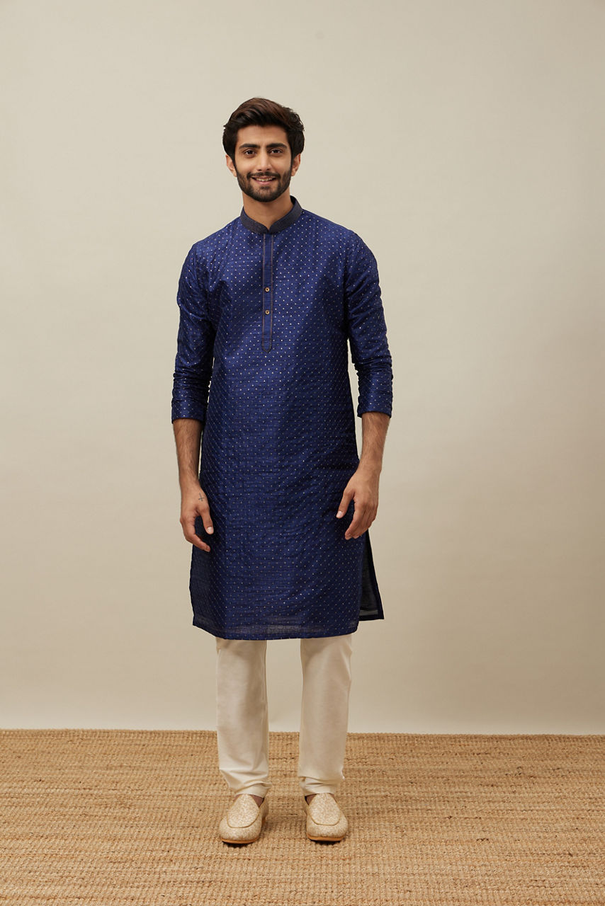 Manyavar Men Midnight Sapphire Blue Self Patterned Kurta Set