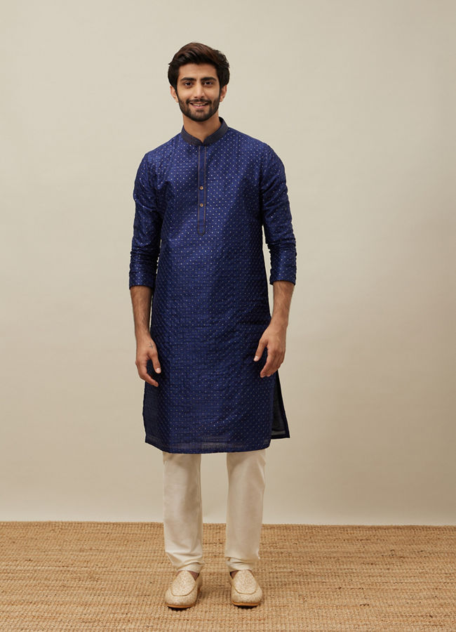Manyavar Men Midnight Sapphire Blue Self Patterned Kurta Set