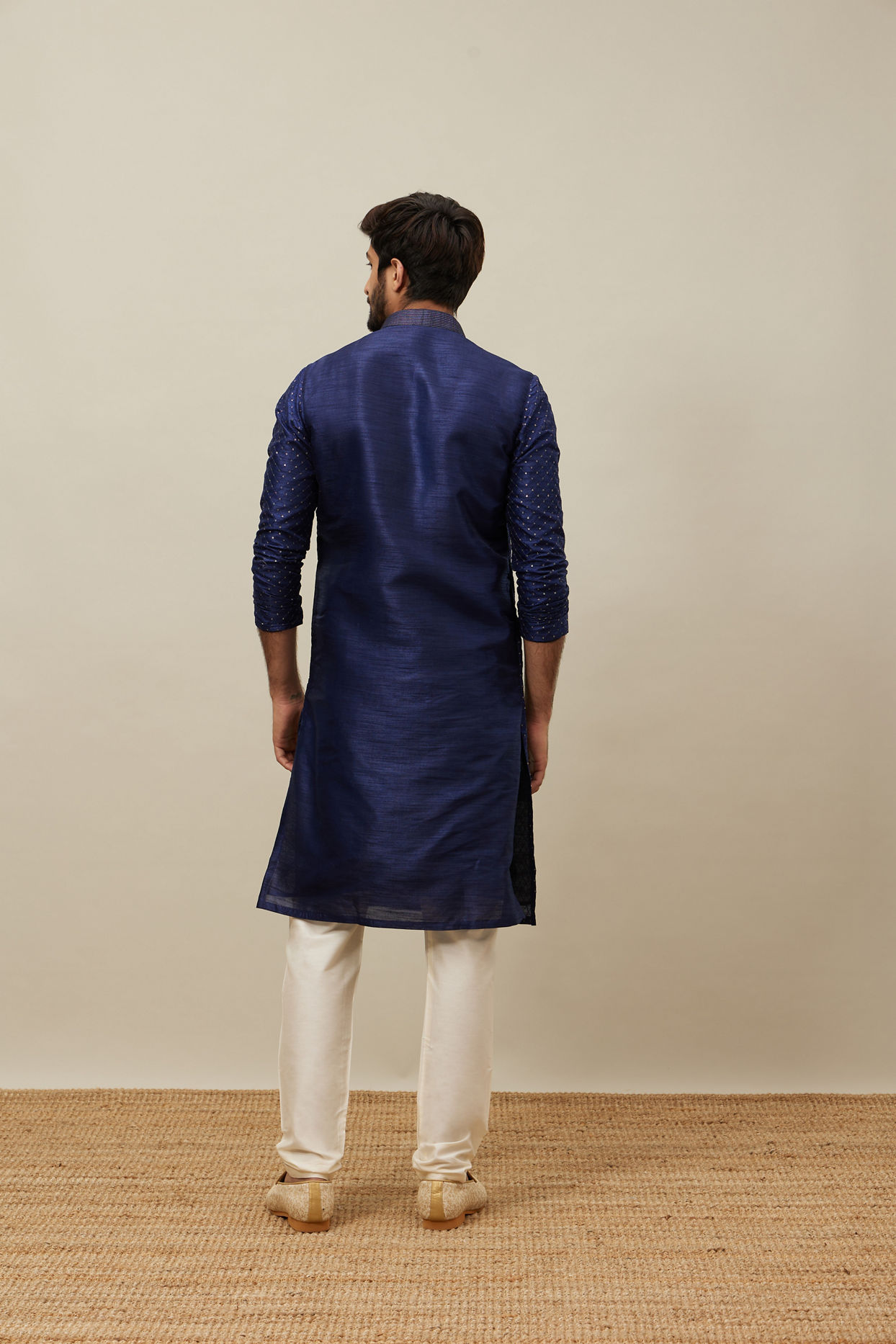 Manyavar Men Midnight Sapphire Blue Self Patterned Kurta Set