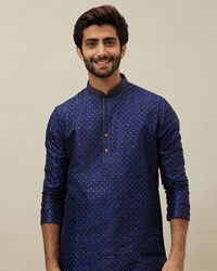 Manyavar Men Midnight Sapphire Blue Self Patterned Kurta Set