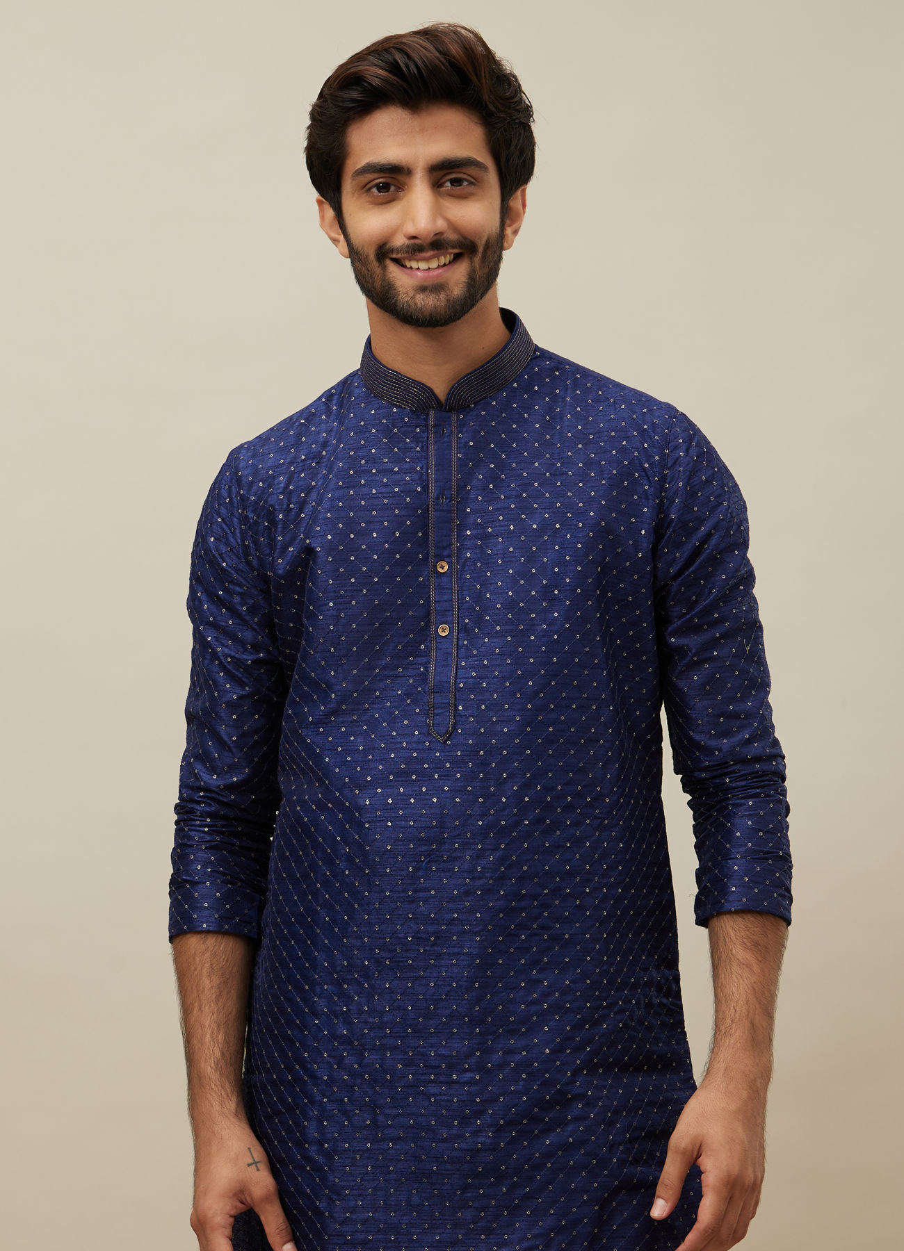 Manyavar Men Midnight Sapphire Blue Self Patterned Kurta Set