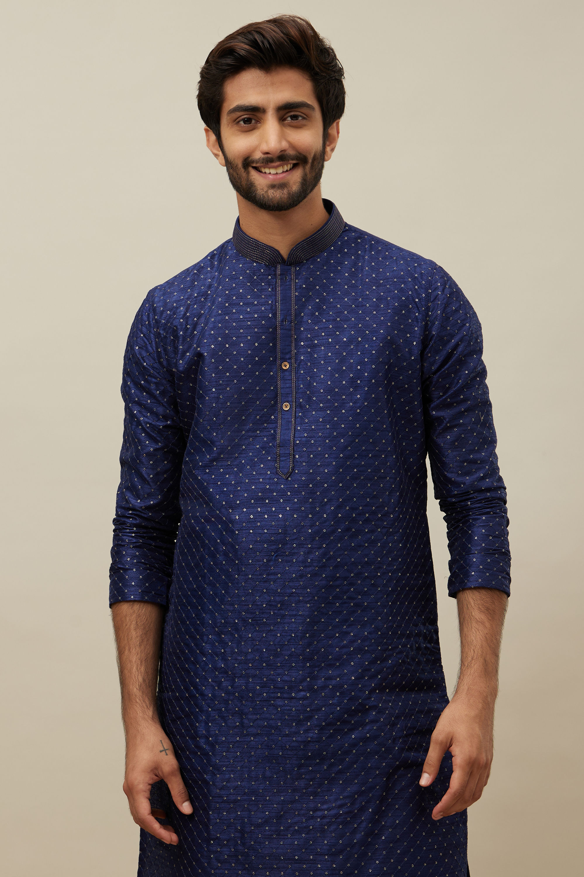 Manyavar Men Midnight Sapphire Blue Self Patterned Kurta Set