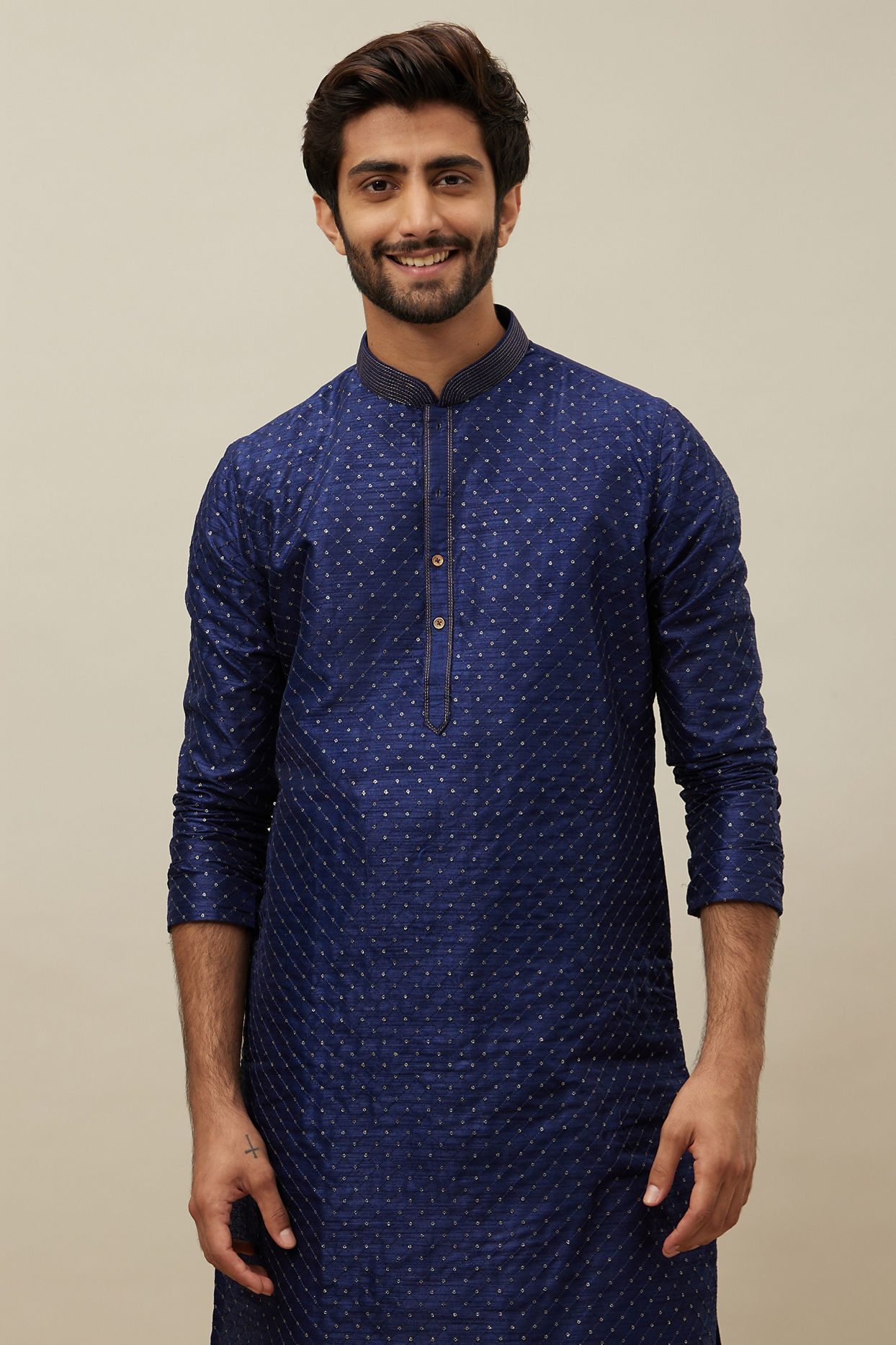 Manyavar Men Midnight Sapphire Blue Self Patterned Kurta Set