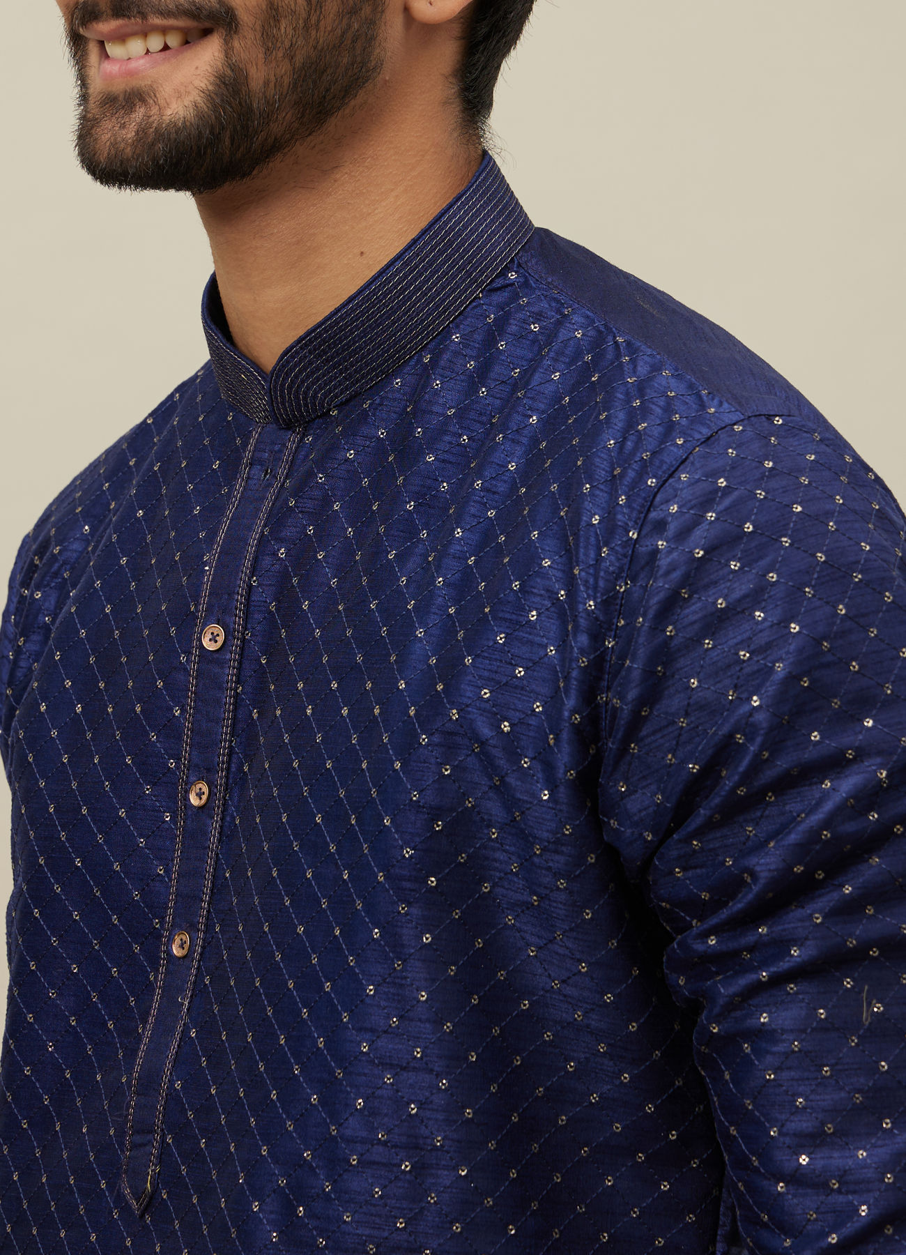 Manyavar Men Midnight Sapphire Blue Self Patterned Kurta Set