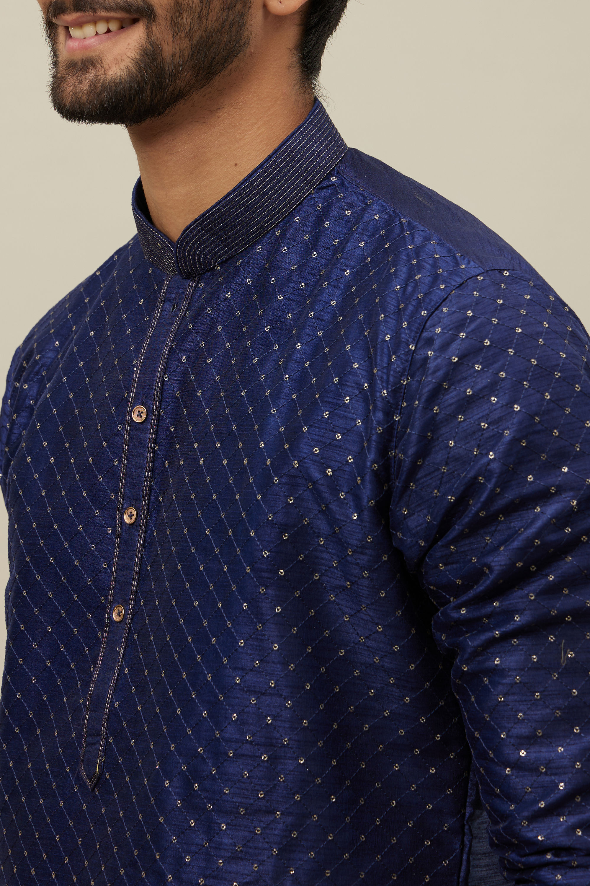 Manyavar Men Midnight Sapphire Blue Self Patterned Kurta Set